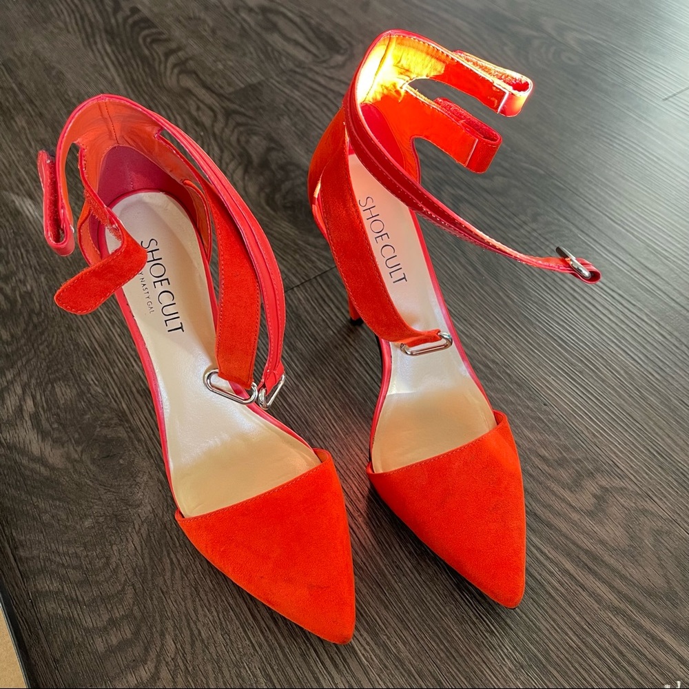 bright red orange pointed heels